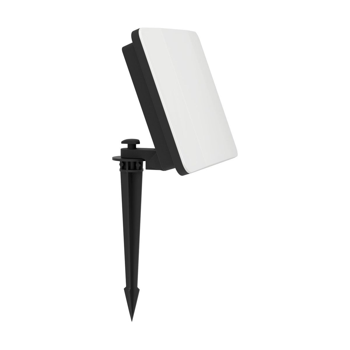 Machio LED Flood Light 30W with black aluminium body, white glass front panel and ground spike mount, shown on a plain white background.