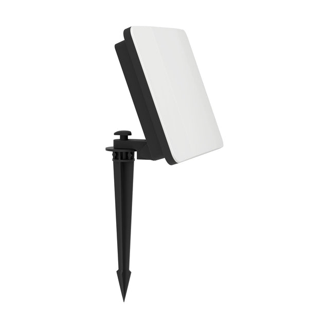 Machio LED Flood Light 30W with black aluminium body, white glass front panel and ground spike mount, shown on a plain white background.
