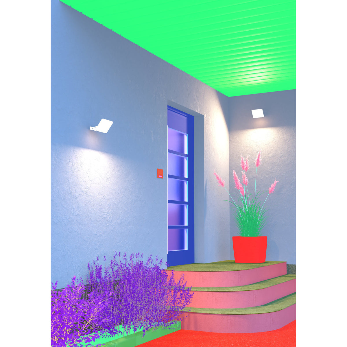White LED wall-mounted floodlight with rounded rectangular aluminium body, illuminating a covered outdoor entrance beside a blue front door and potted plant.