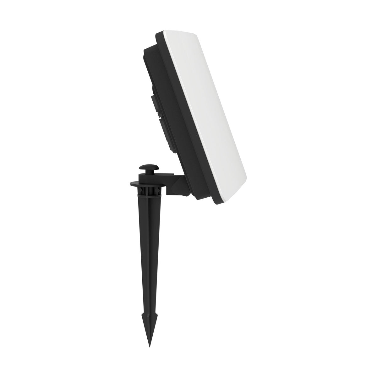 Machio LED Flood Light 50W, side view on a ground spike mount, rectangular black aluminium body with white glass front, shown on a plain white background.