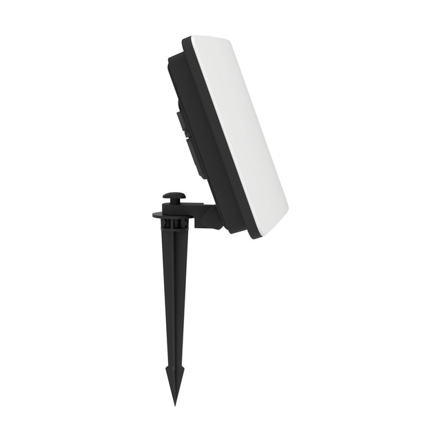 Machio LED Flood Light 50W, side view on a ground spike mount, rectangular black aluminium body with white glass front, shown on a plain white background.