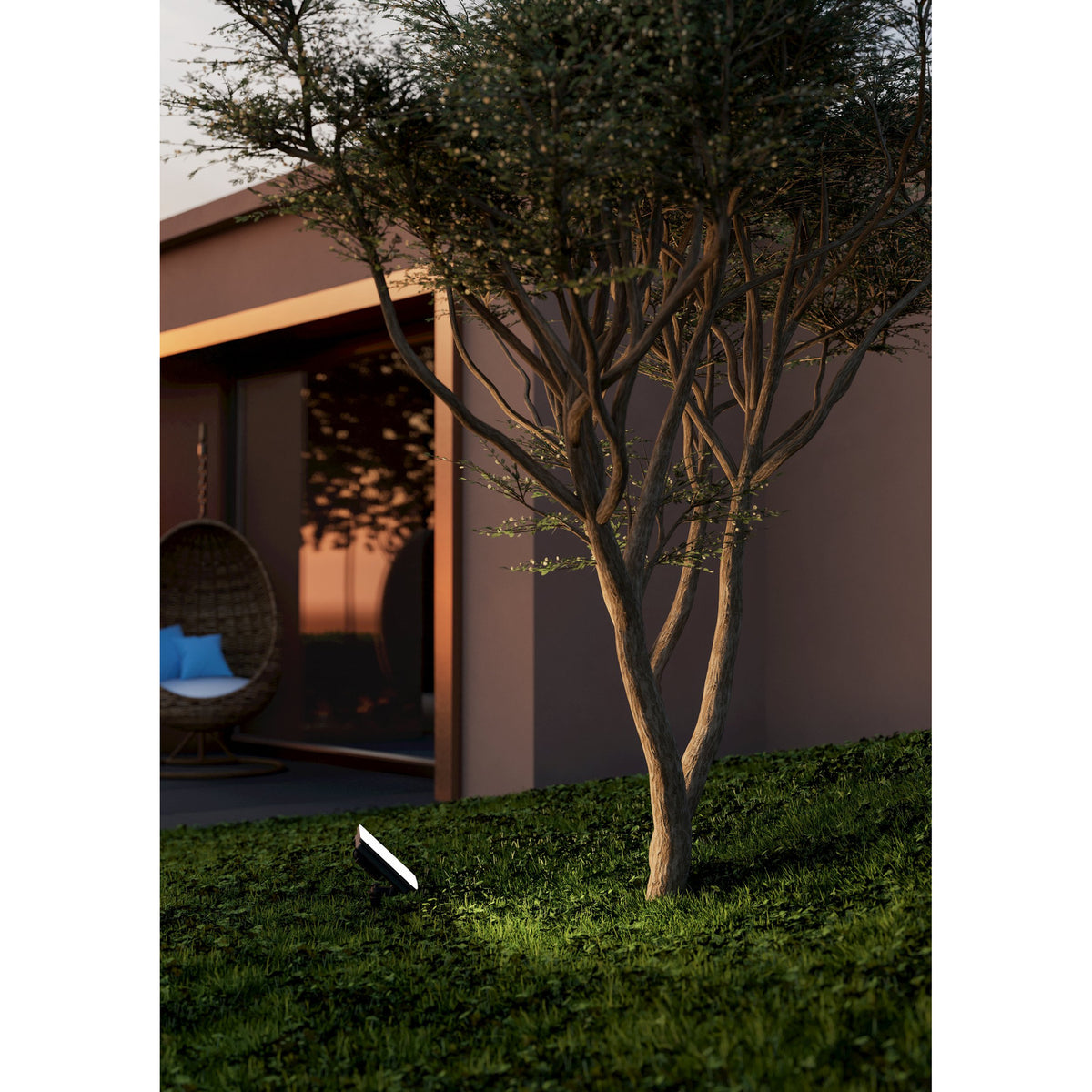 Machio LED Flood Light 50W in black, shown as a ground-mounted spike light illuminating a lawn beside a tree in an outdoor garden setting at dusk.