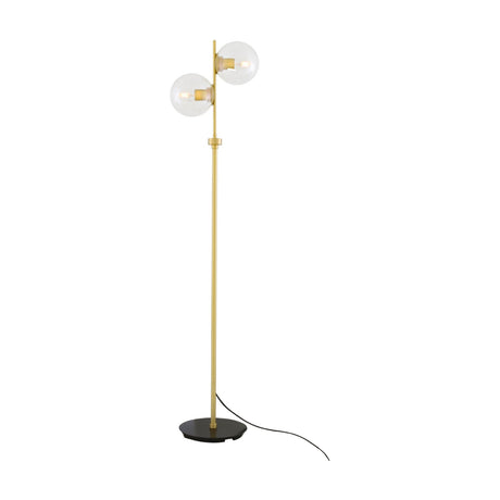 Madison Glass 2 Light Floor Lamp with a slim brass stem, two offset clear glass globes, and a round black base, shown on a plain white background.