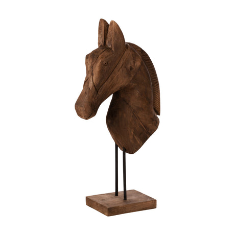 Mafaipoza mango wood horse head sculpture in natural brown finish with carved ears and halter detail, mounted on black metal rods above a square wooden base, plain white background.