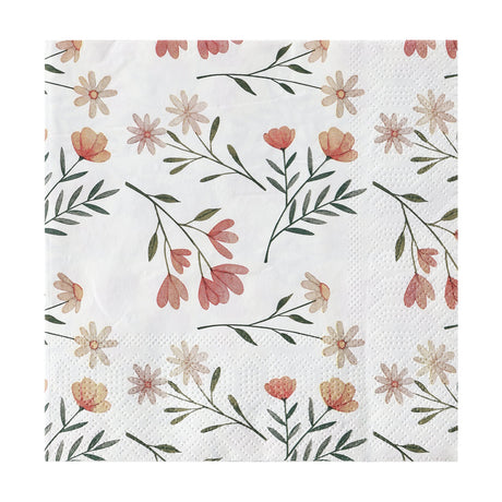 Mahuli Ditsy Floral Napkins, a 3-ply paper napkin printed with coral and peach flowers, blush daisies and green sprigs on a white ground, from the Set of 20.