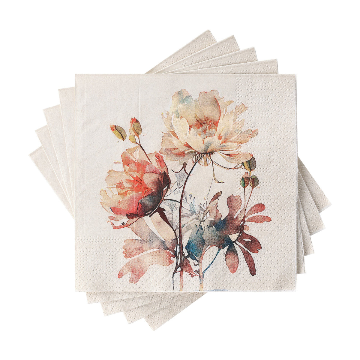 Mahuli Floral Napkins, square paper napkins stacked and fanned, printed with a watercolour peony bouquet in coral, peach and teal on a cream ground, shown on a white background.