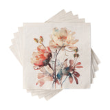 Mahuli Floral Napkins, square paper napkins stacked and fanned, printed with a watercolour peony bouquet in coral, peach and teal on a cream ground, shown on a white background.