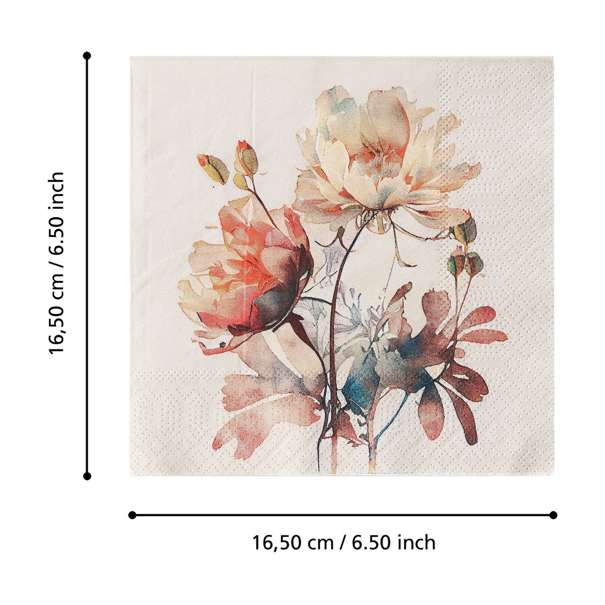 Mahuli Floral Napkins, square paper napkin with watercolour peony design in coral, blush and teal on cream, shown with size diagram marking 16.50 cm / 6.50 inch sides.