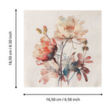 Mahuli Floral Napkins, square paper napkin with watercolour peony design in coral, blush and teal on cream, shown with size diagram marking 16.50 cm / 6.50 inch sides.