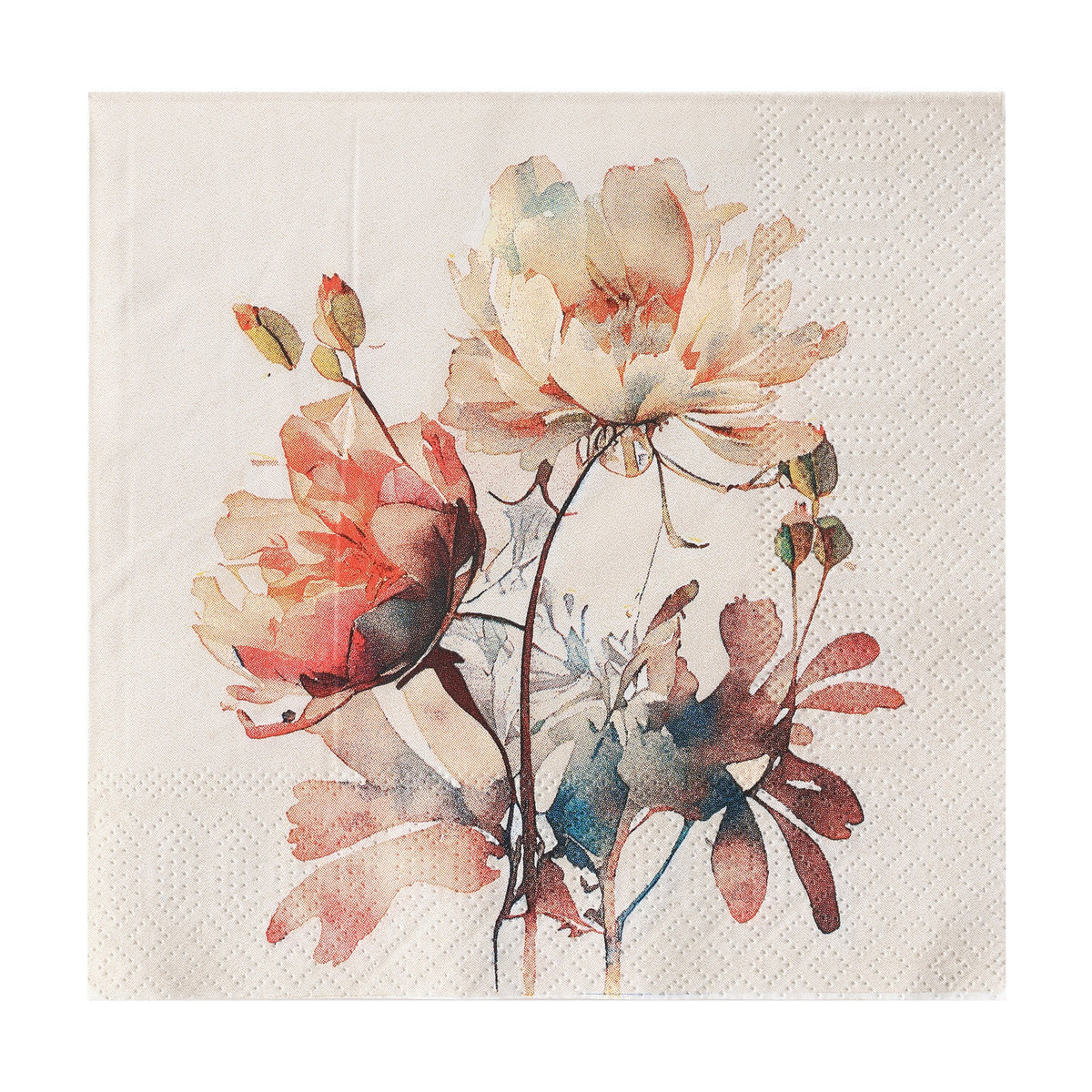 Mahuli Floral Napkins Set of 20, square paper napkins with a watercolour peony and leaf design in coral, blush, peach and teal on a cream background.