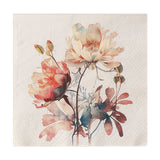 Mahuli Floral Napkins Set of 20, square paper napkins with a watercolour peony and leaf design in coral, blush, peach and teal on a cream background.