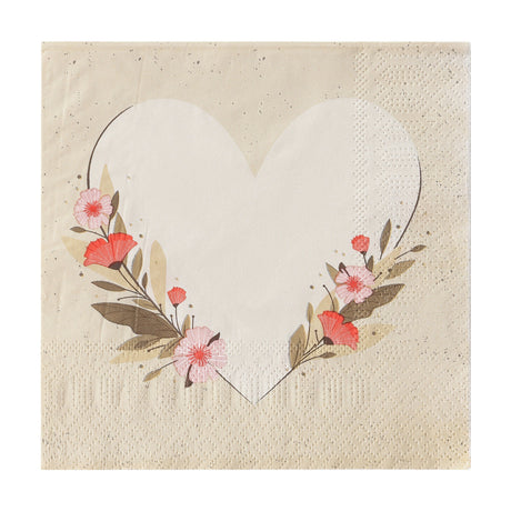 Mahuli Heart Print Napkins paper napkin with cream heart motif on speckled beige ground, framed by pink and coral floral sprays with olive leaves, set of 20.