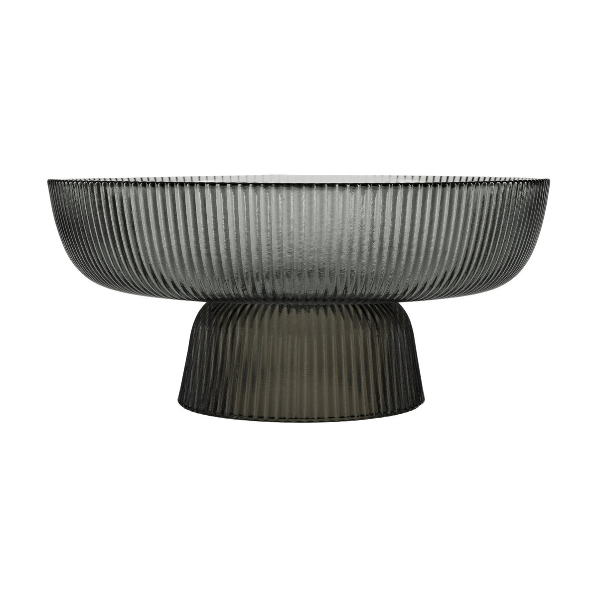Mambrui Glass Decorative Bowl 20cm in smoky grey, with fine vertical ribs on the flared bowl and pedestal foot, shown on a plain white background.