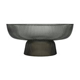 Mambrui Glass Decorative Bowl 20cm in smoky grey, with fine vertical ribs on the flared bowl and pedestal foot, shown on a plain white background.