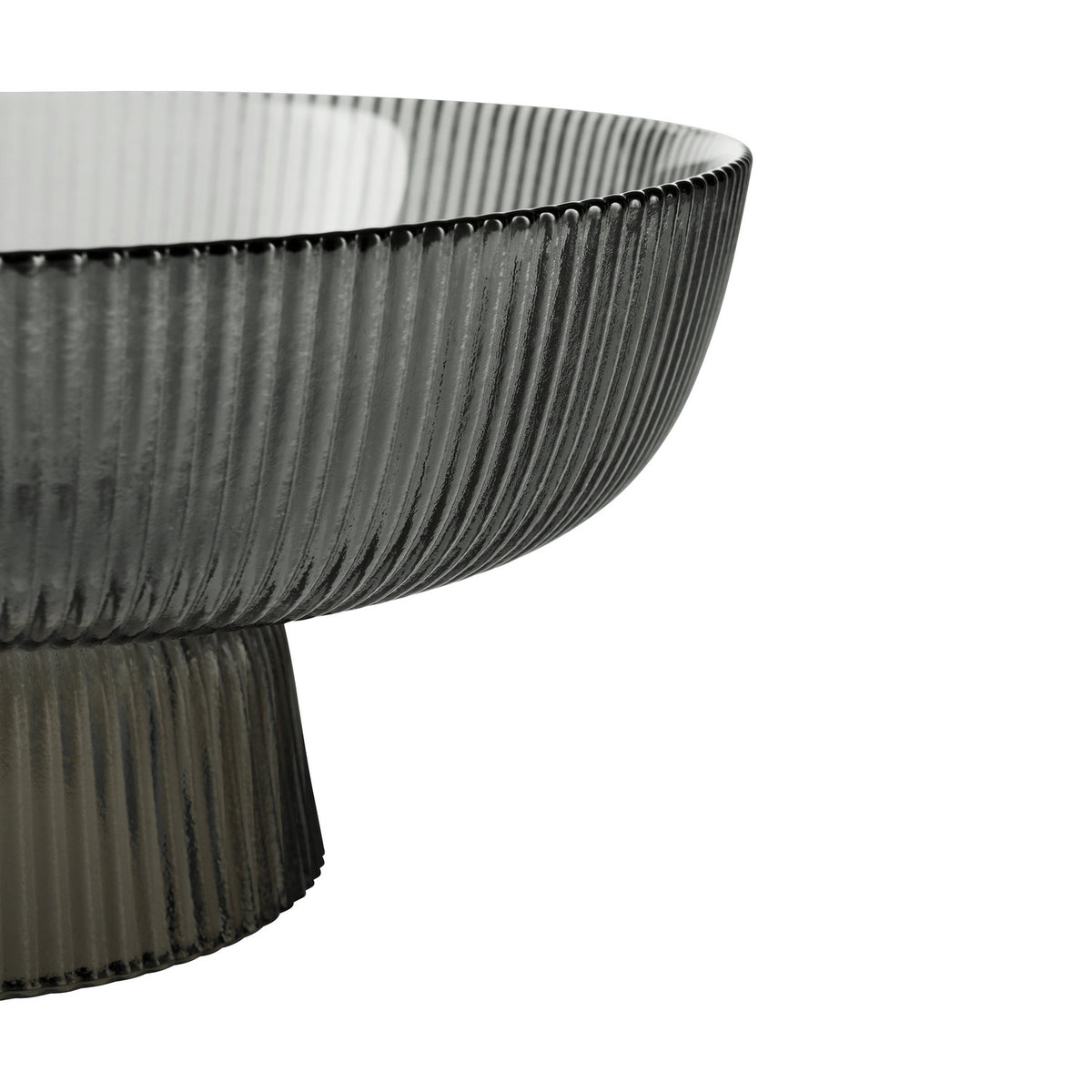 Close-up of the Mambrui Glass Decorative Bowl 20cm in grey, showing fine vertical ribbing on the flared pedestal foot and bowl exterior against a plain white background.