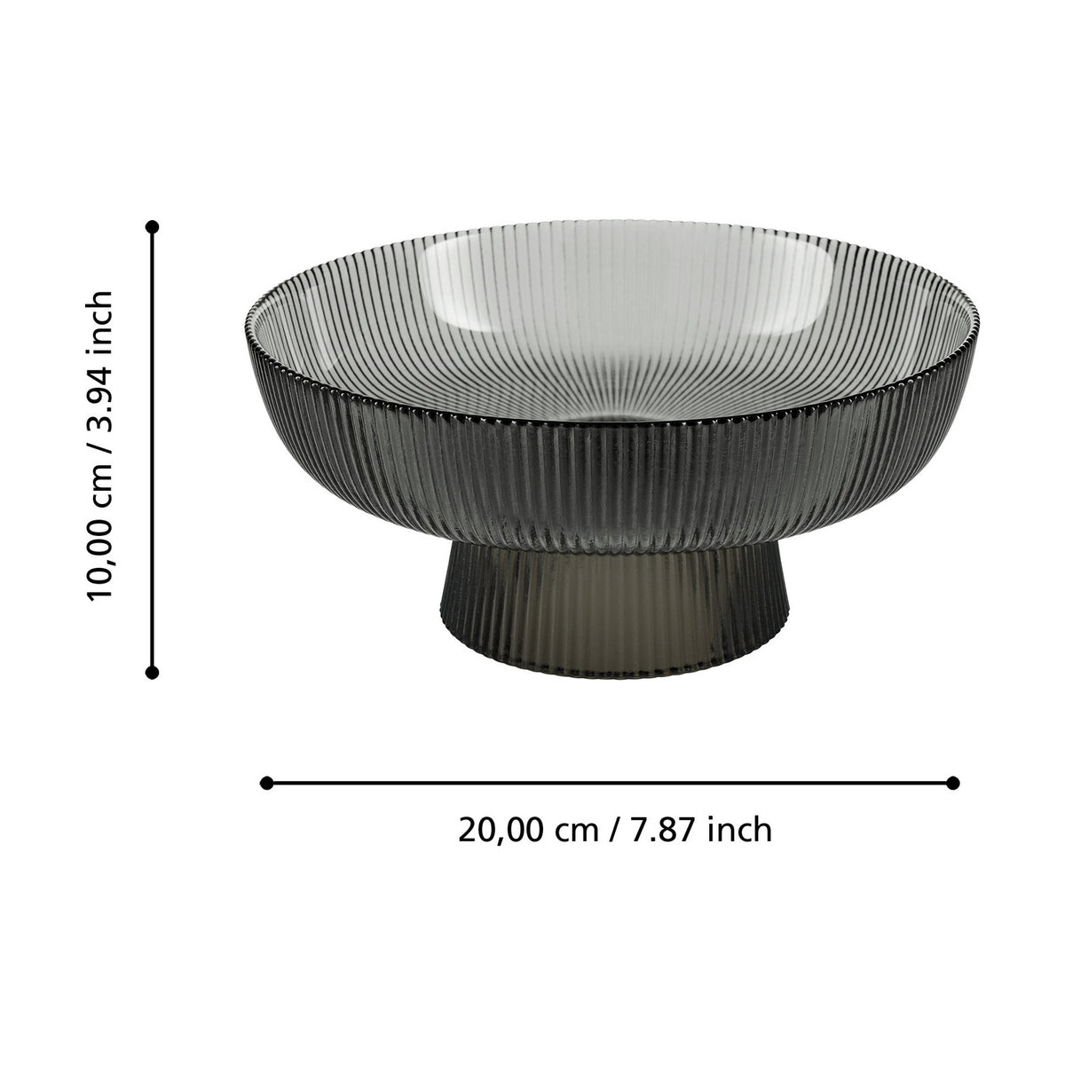Mambrui Glass Decorative Bowl 20cm in smoky grey with fine vertical ribs and a pedestal base, shown with dimension lines on a white background.