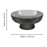 Mambrui Glass Decorative Bowl 20cm in smoky grey with fine vertical ribs and a pedestal base, shown with dimension lines on a white background.