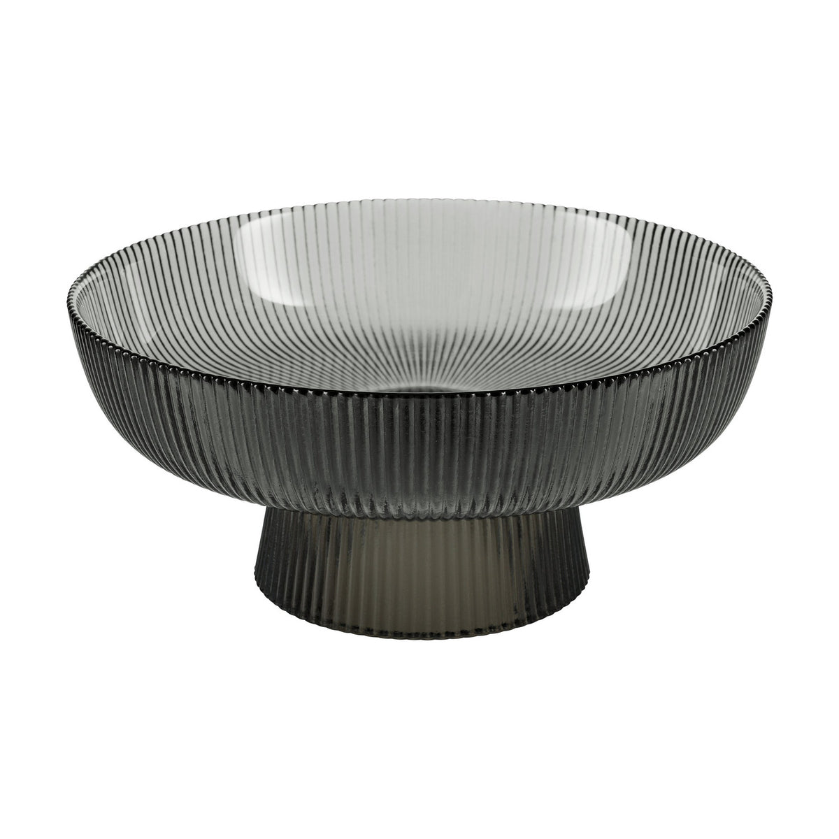 Mambrui Glass Decorative Bowl 20cm in smoky grey, ribbed glass with a flared pedestal foot, shown on a plain white background.
