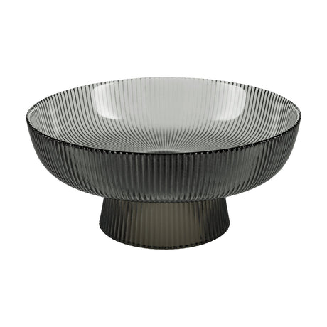 Mambrui Glass Decorative Bowl 20cm in smoky grey, ribbed glass with a flared pedestal foot, shown on a plain white background.