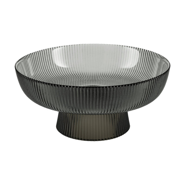 Mambrui Glass Decorative Bowl 20cm in smoky grey, ribbed glass with a flared pedestal foot, shown on a plain white background.