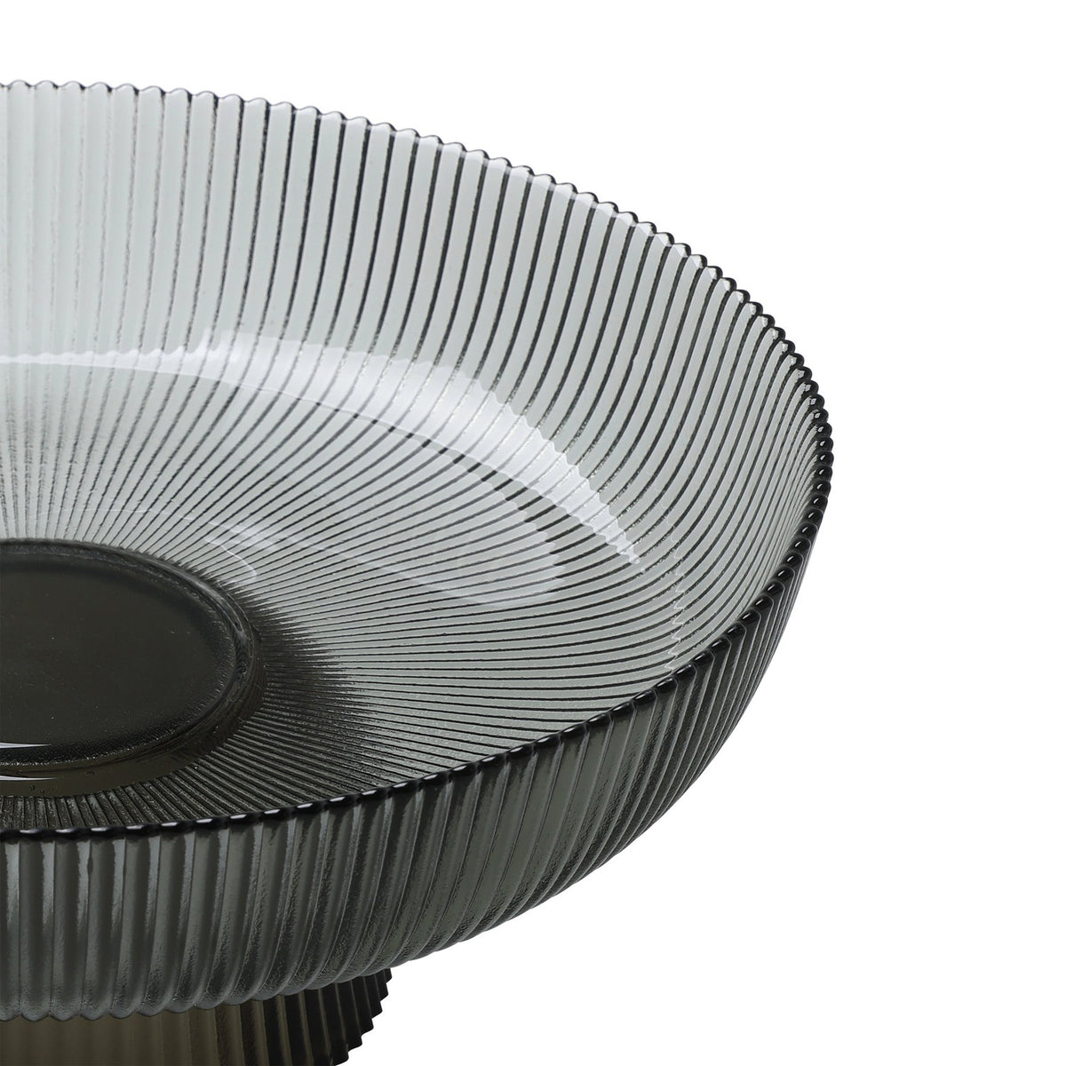 Close-up of the Mambrui 30cm glass decorative bowl in grey, showing fine ribbed texture, a beaded rim, and smooth flat centre on a plain white background.