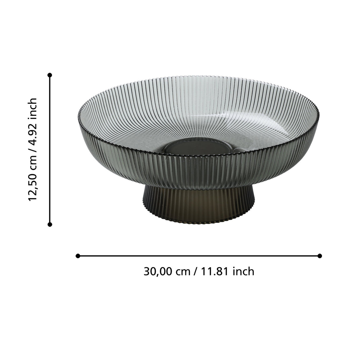 Mambrui Glass Decorative Bowl 30cm in smoky grey, round ribbed glass with a flared footed base and beaded rim, shown with dimension labels on a white background.