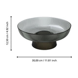 Mambrui Glass Decorative Bowl 30cm in smoky grey, round ribbed glass with a flared footed base and beaded rim, shown with dimension labels on a white background.