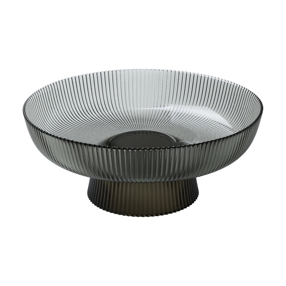 Mambrui Glass Decorative Bowl 30cm in smoky grey, round ribbed design with a beaded rim and flared foot, shown on a plain white background.