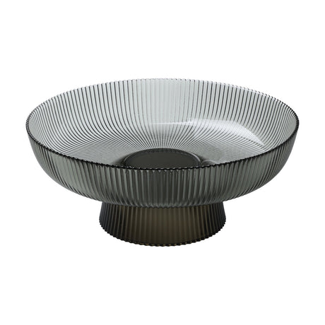 Mambrui Glass Decorative Bowl 30cm in smoky grey, round ribbed design with a beaded rim and flared foot, shown on a plain white background.