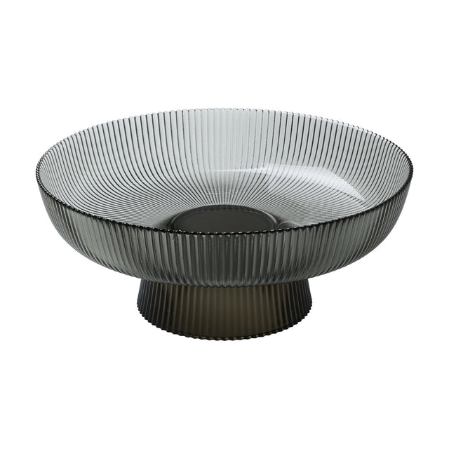Mambrui Glass Decorative Bowl 30cm in smoky grey, round ribbed design with a beaded rim and flared foot, shown on a plain white background.
