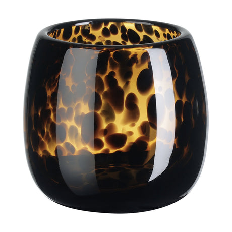 Mandav Hurricane Lantern, a small rounded glass candle holder with a tortoiseshell pattern in amber and black, wide open top, shown on a plain white background.