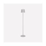 Mannera-L LED floor lamp in grey, featuring a dome shade on a slim stem with a round disc base, shown on a plain white background.