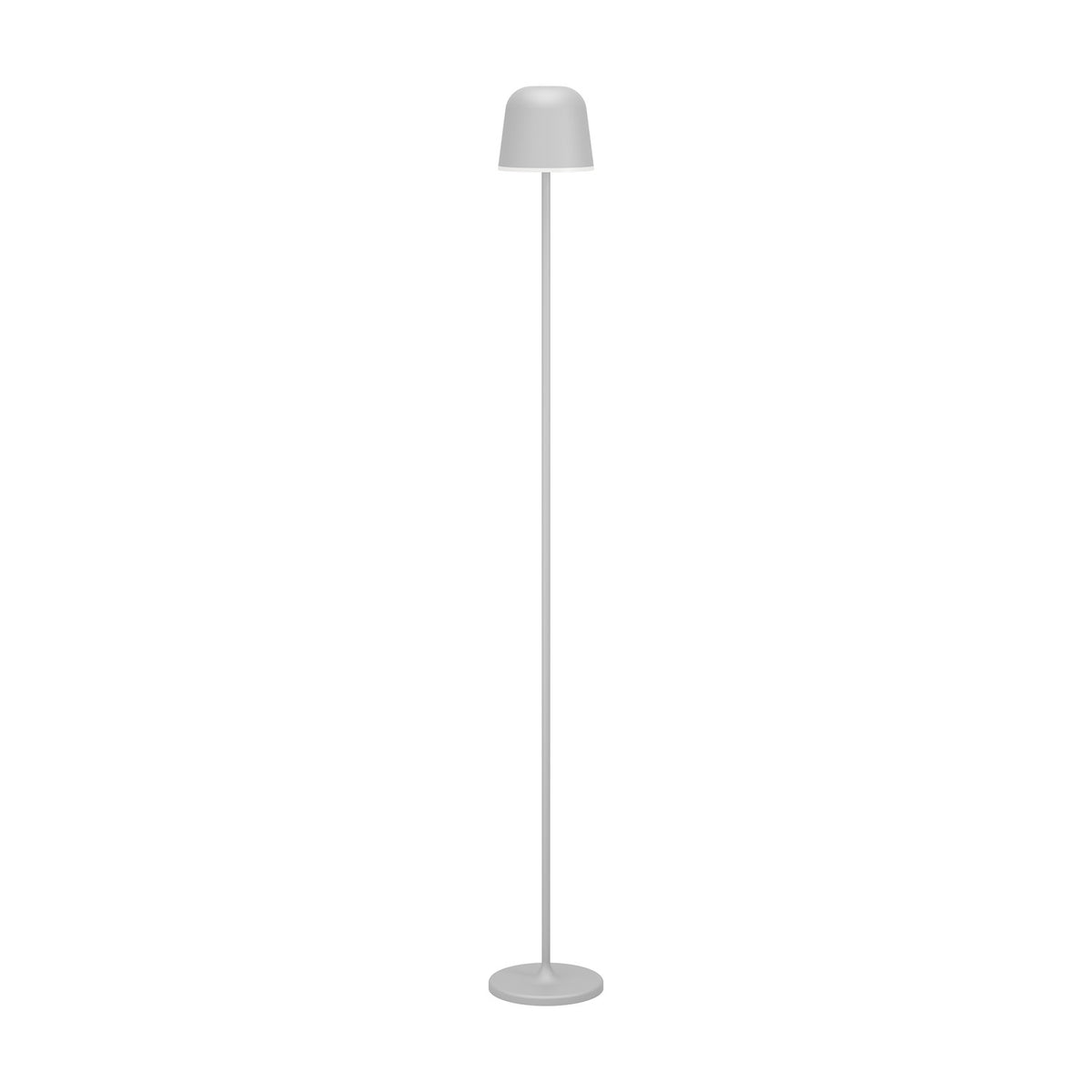 Mannera-L LED Floor Lamp in grey, with a slim steel stem, round disc base, and small dome shade with a white rim, shown on a plain white background.