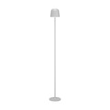 Mannera-L LED Floor Lamp in grey, with a slim steel stem, round disc base, and small dome shade with a white rim, shown on a plain white background.