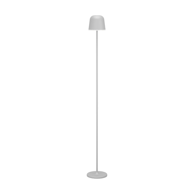 Mannera-L LED Floor Lamp in grey, with a slim steel stem, round disc base, and small dome shade with a white rim, shown on a plain white background.