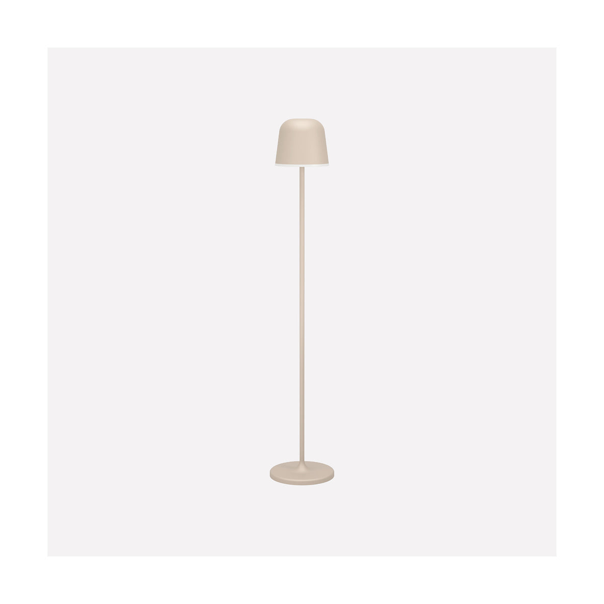 Mannera-L LED floor lamp in sand, slim stem with bell-shaped shade on a round flat base, set against a plain light background.