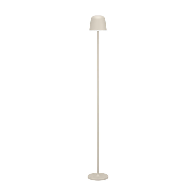 Mannera-L LED floor lamp in sand finish, with a bell-shaped plastic shade atop a slim aluminium and steel stem on a round disc base, shown on a plain white background.