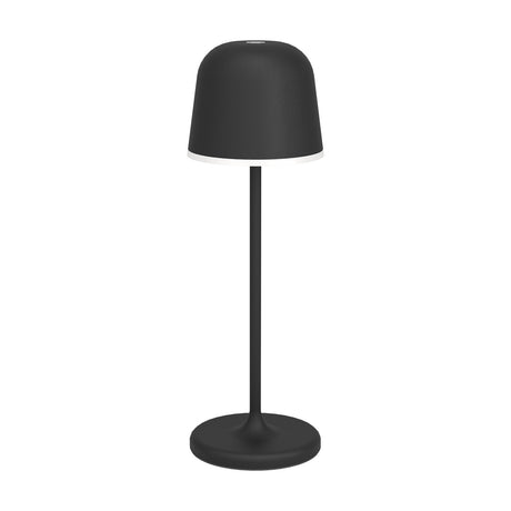 Mannera Outdoor LED Touch Table Lamp in black, with a rounded dome head, slim stem and round base, aluminium and steel body, shown on a plain white background.