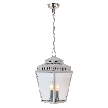 Mansion 3 Light Outdoor Chain Pendant in polished nickel offers a classic and elegant design with glass panels and three candle-shaped bulbs, adding charm both indoors and outdoors.