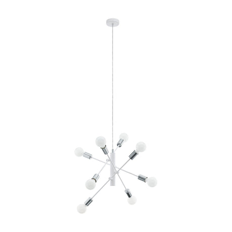 Manvena 8-light sputnik pendant in white and chrome with crossing steel arms, chrome lampholders, and exposed globe bulbs on a long cord.