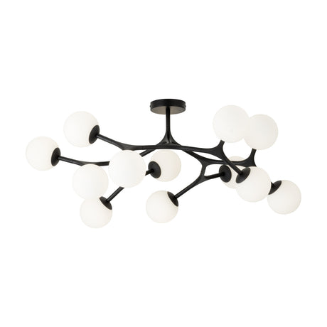 Maragall 12-light ceiling light with black steel branching arms on a round plate, each holding a matt-opal white glass globe in an organic layout.