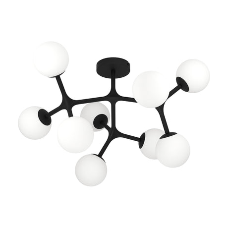 Maragall 9 Light Ceiling Light in black, featuring a branching steel frame with jointed arms holding nine round matt opal glass globes, shown on a plain white background.