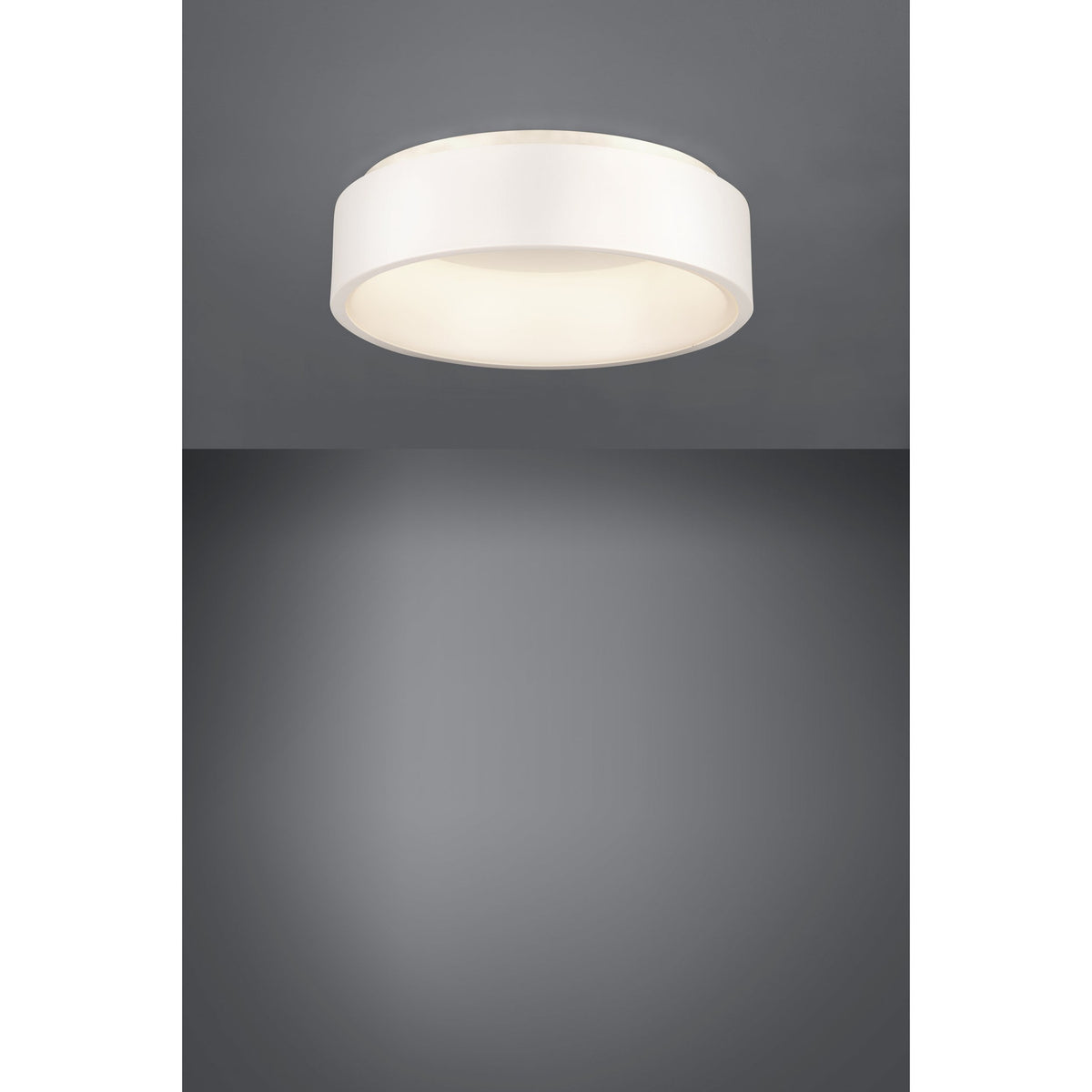 Marghera 1 LED flush ceiling light, 45cm round white drum design with recessed diffuser, shown illuminated against a grey background.