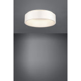 Marghera 1 LED flush ceiling light, 45cm round white drum design with recessed diffuser, shown illuminated against a grey background.