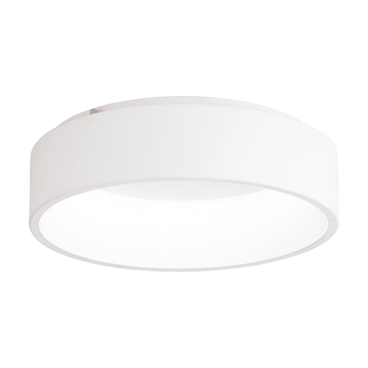 Marghera LED flush ceiling light in white, round drum shape, 45cm, with recessed diffuser, steel and plastic body, shown on a plain white background.