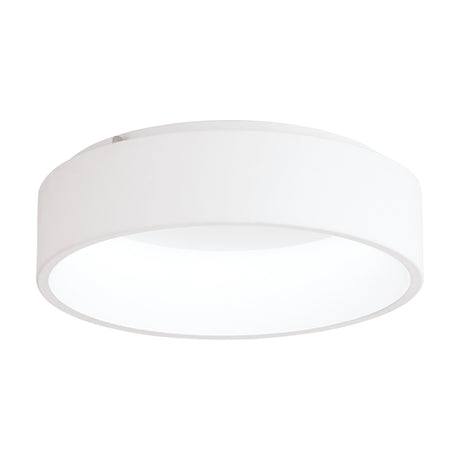 Marghera LED flush ceiling light in white, round drum shape, 45cm, with recessed diffuser, steel and plastic body, shown on a plain white background.
