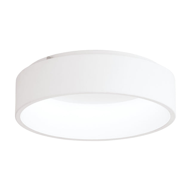 Marghera LED flush ceiling light in white, round drum shape, 45cm, with recessed diffuser, steel and plastic body, shown on a plain white background.