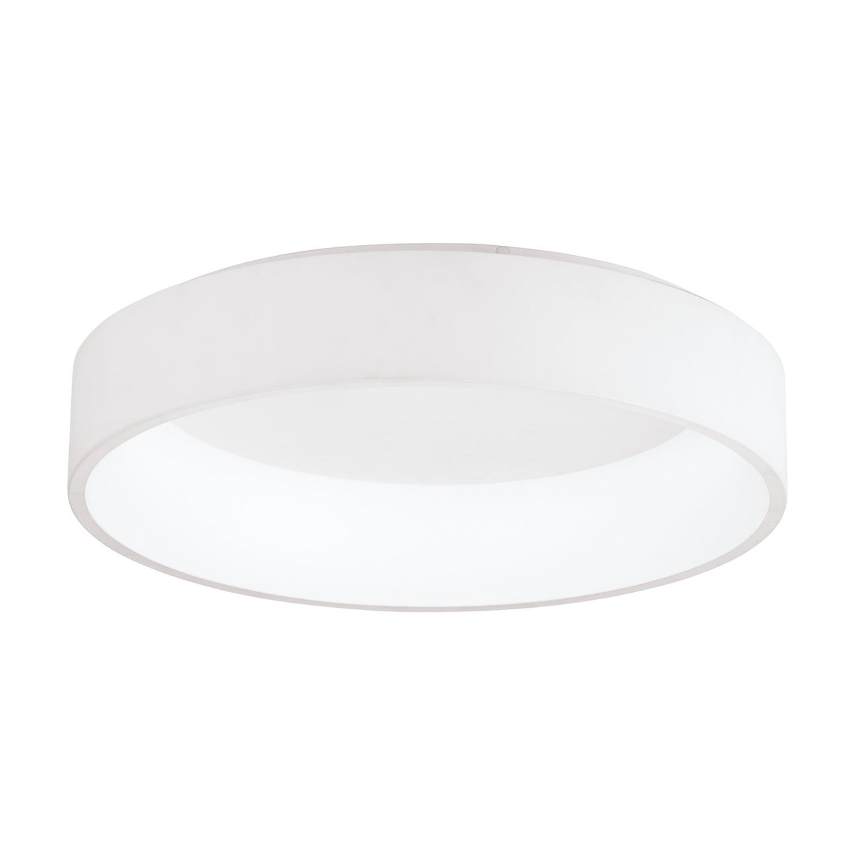 Marghera 1 LED Flush Ceiling Light 59.5cm in White, a round drum-shaped fixture with a white fabric band and integrated LED diffuser, shown on a plain white background.