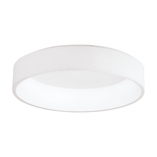Marghera 1 LED Flush Ceiling Light 59.5cm in White, a round drum-shaped fixture with a white fabric band and integrated LED diffuser, shown on a plain white background.