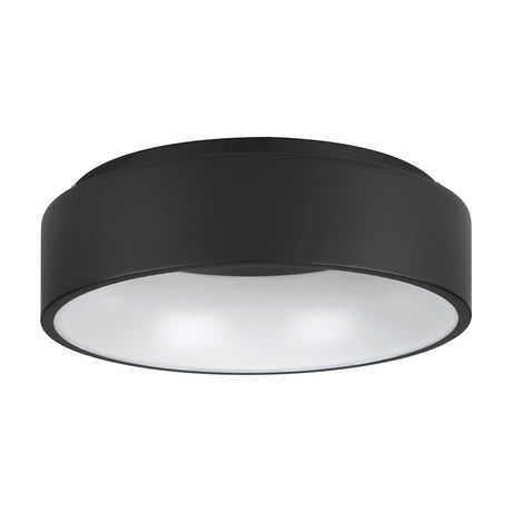 Marghera 2 LED flush ceiling light in black, a round steel drum with a white plastic diffuser underneath, 45cm diameter, shown on a plain white background.